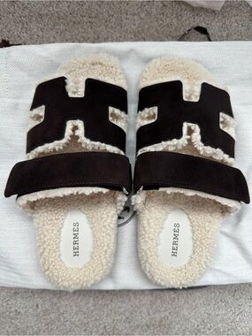 Hermes Shearling Chypre Sandals in Marron Ébène / Écru